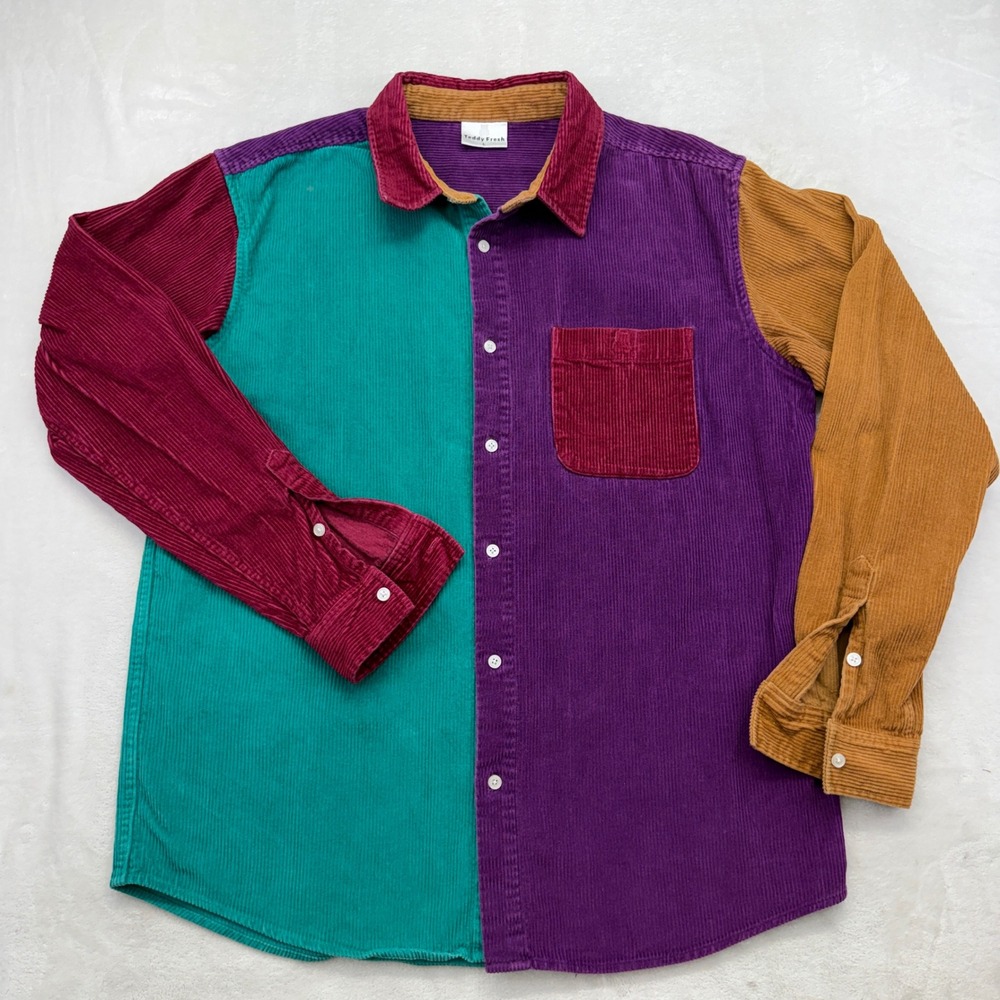 Teddy Fresh Button Down Mens L Multicolor Colorblock Corduroy Long Sleeve Shirt
